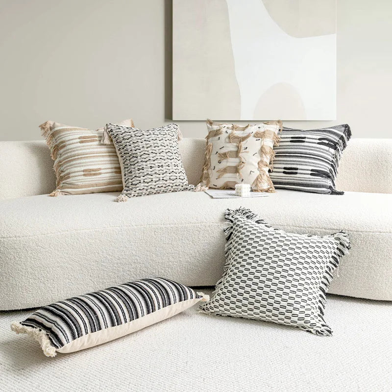 housses coussins géométriques bohémiennes coton lin blanc noir décoratives voiture maison adhésives 45x45cm 30x50cm