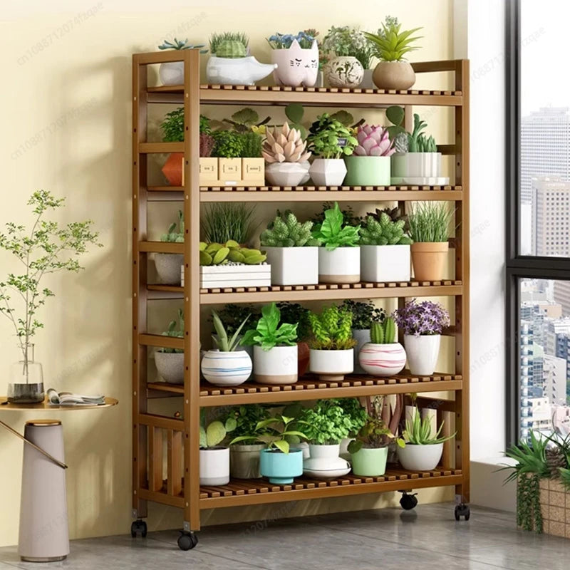 présentoir vertical étagère fleurs mobile bois naturel lattes horizontales moderne 10 niveaux roulettes balconintérieur