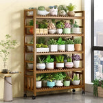 présentoir vertical étagère fleurs mobile bois naturel lattes horizontales moderne 10 niveaux roulettes balconintérieur