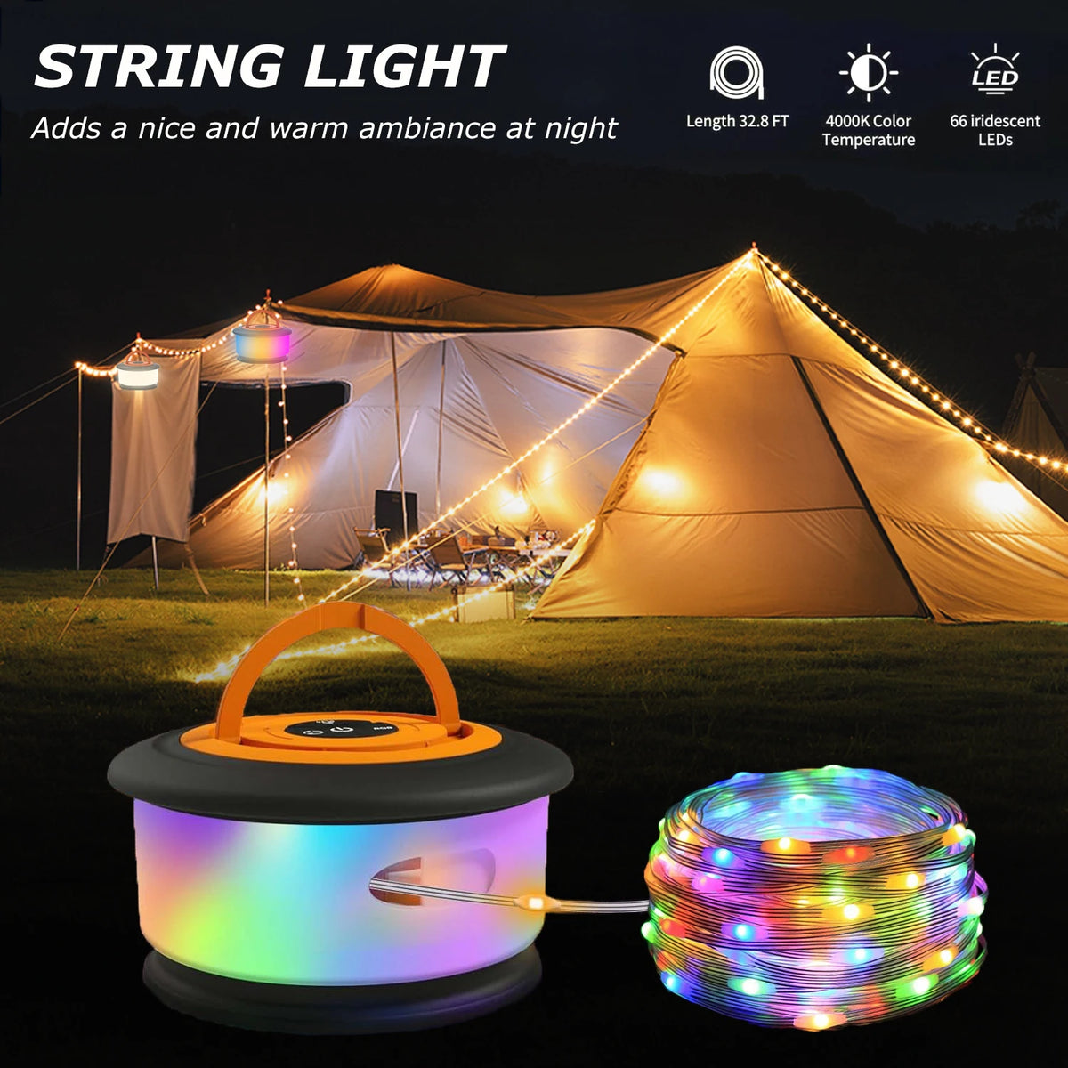 guirlande lumineuse led multicolore lampe portable camping modes éclairage rechargeableextérieur