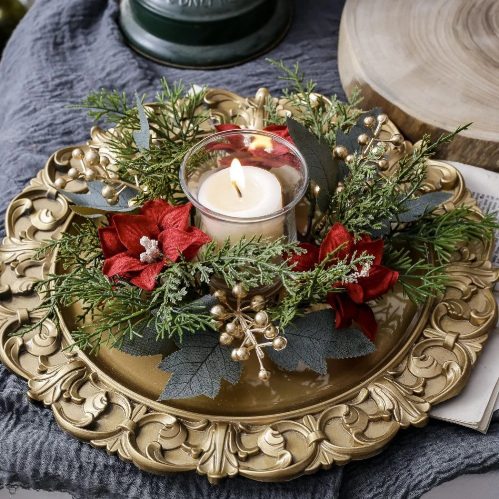 décoration intérieure bougeoir fleurs artificielles pommes pin rouge doré vintage rustique
