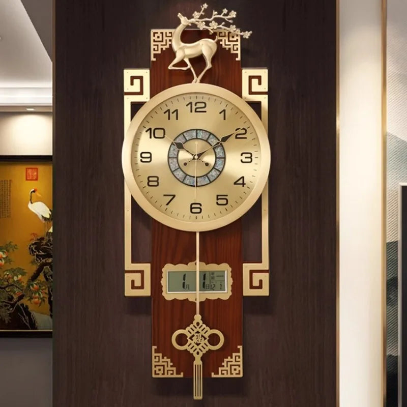horloge murale or marron motif géométrique asiatique cadran analogique LED figurine cerf métal doré