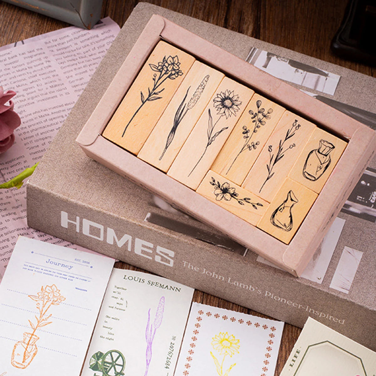tampons bois motifs floraux vintage cartes decoratives agenda etiquettes collection romantique package adhésif