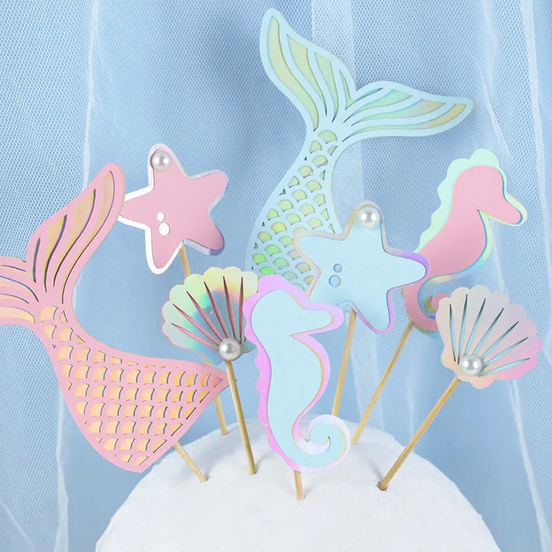 décoration gâteau thème sirène hippocampe coquillage étoile mer mariage anniversaire sous marin bleu rose