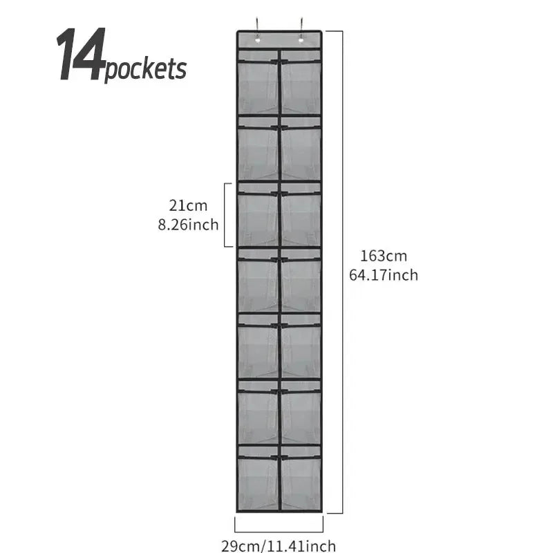 rangement chaussures suspendu noir gris transparent 14 poches maille respirante moderne crochets métalliques