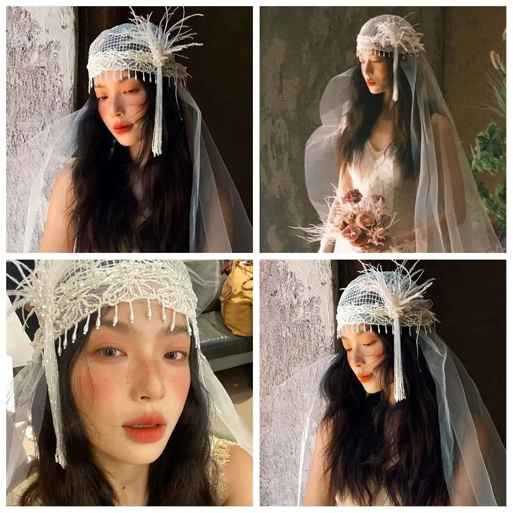 voile mariée vintage blanc dentelle plumes transparent classique cheveux accessoire mariage romantique bohème élégance