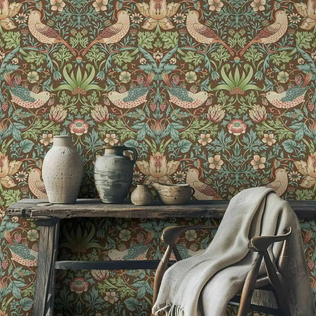 papier peint oiseaux fleurs art nouveau vert beige bleu marron résistant humidité autocollant salon