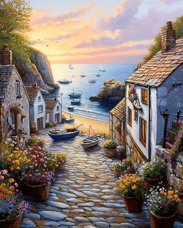 tableau peindre paysage marin maison plage bateau fleur toile pinceau peinture guide cadre diy