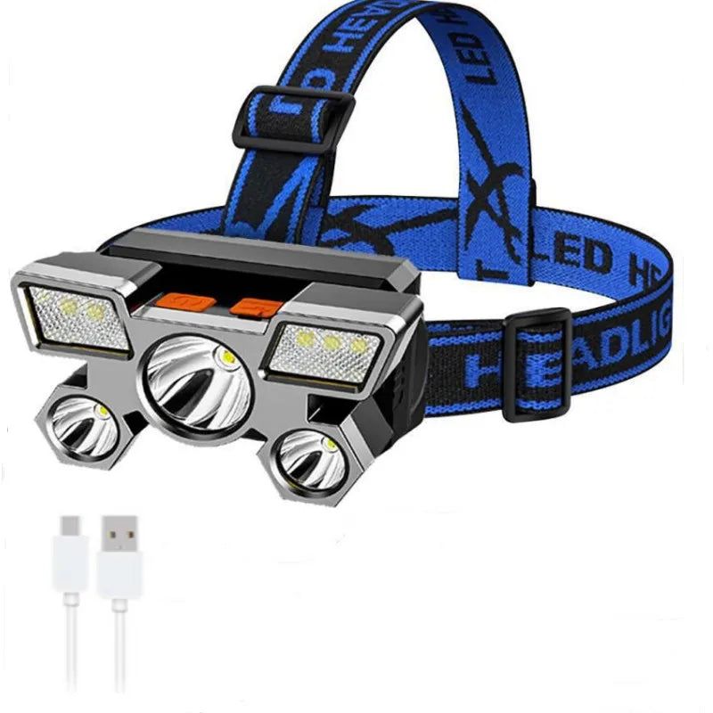 lampe frontale led rechargeable usb bleu noir réglable camping pêche nuit haute luminosité coque