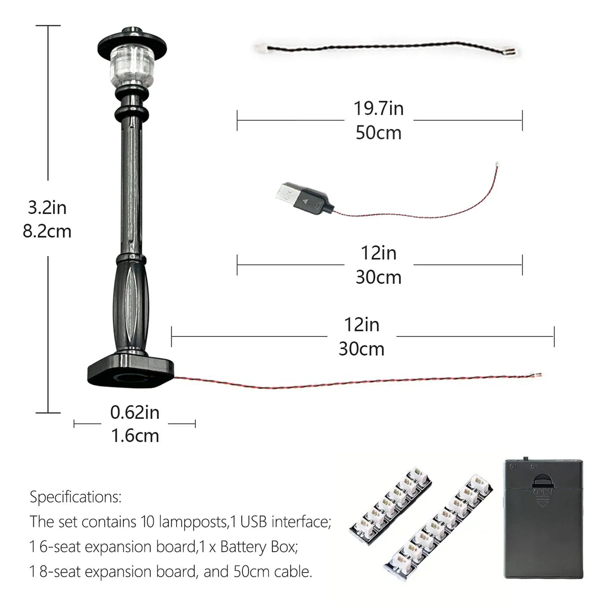 lampadaires miniatures classiques noirs blancs simples usb 10 pièces extensions câbles constructeurs