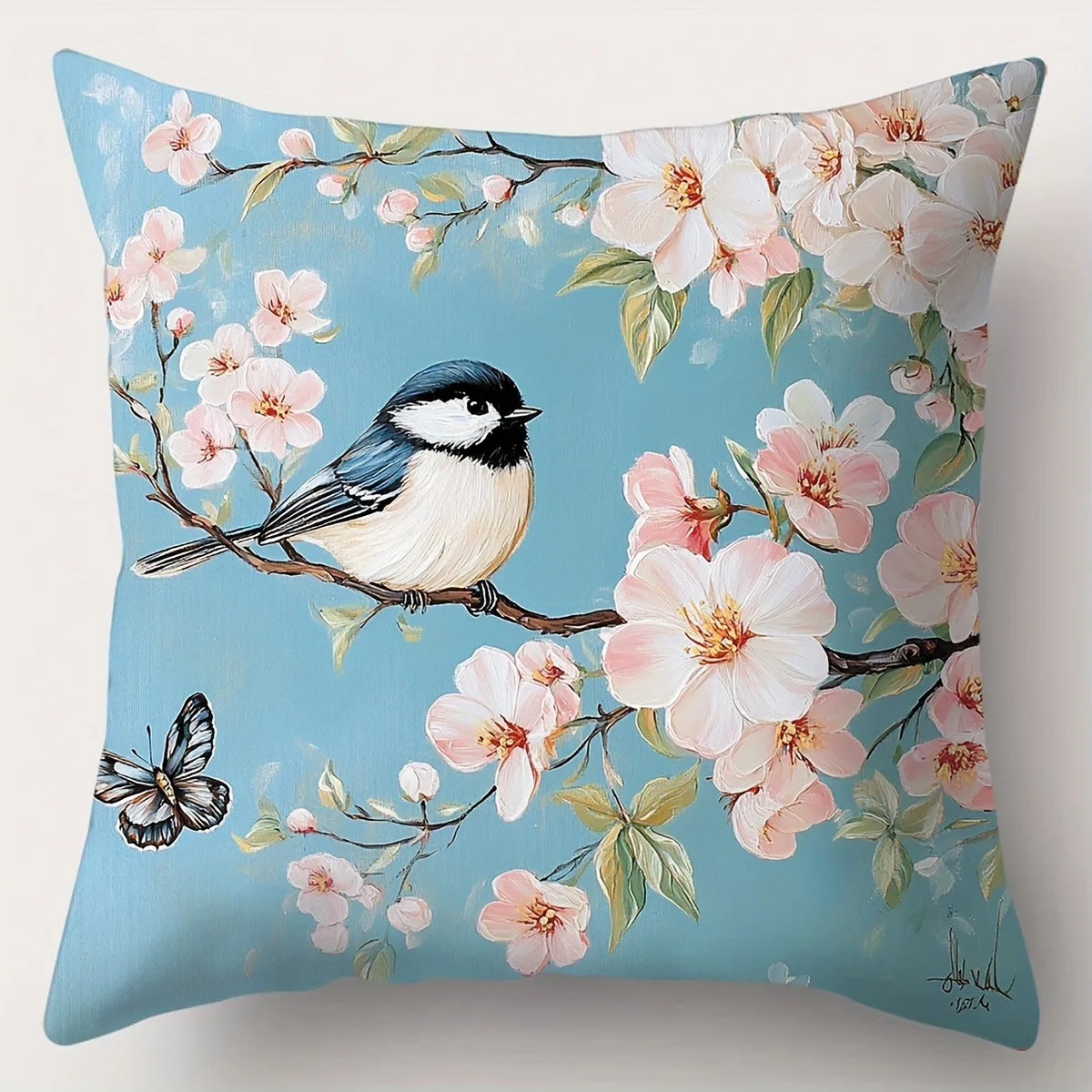 housse coussin vintage fleurs oiseaux bleu rose 45x45cm polyester opacité décoration lit voiture