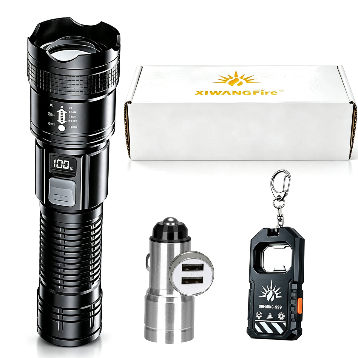 lampe poche noire rechargeable led étanche camping torche réglable mode haut basécran digital included