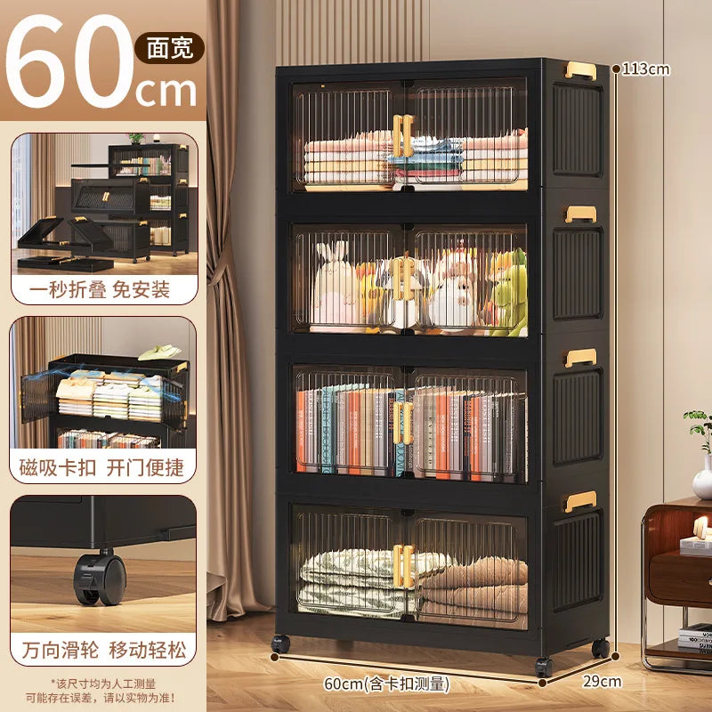 meuble rangement noir grille transparente moderne roulettes pliable grande capacité