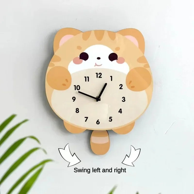 horloge murale balancière chaton mignon cartoon salon chambre quartz orange blanc gris