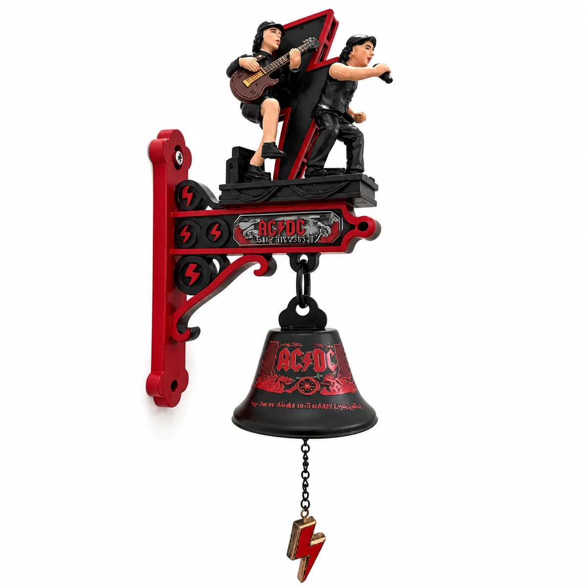 cloche décorative résine figurines ac/dc rock mural artisanal rouge noir foudre guitarist