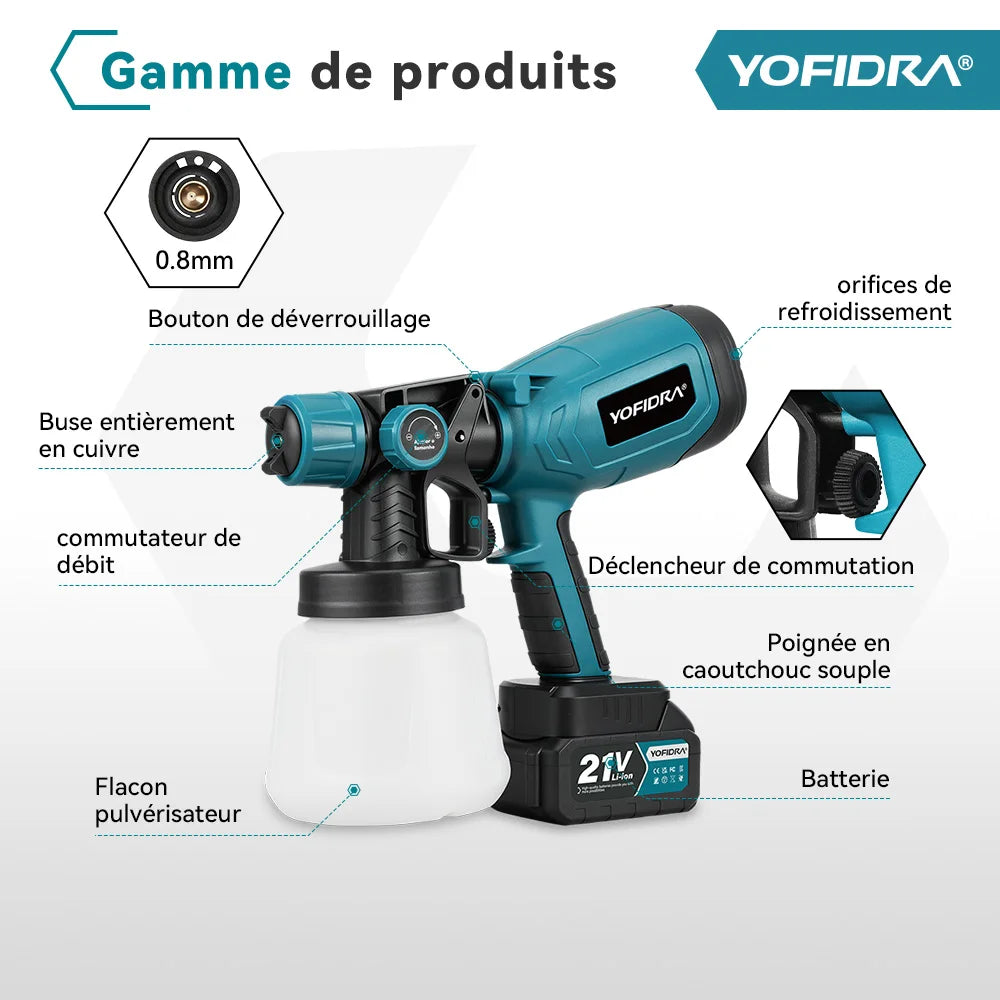 pistolet peinture électrique sans fil bleu noir batterie débit caoutchouc refroidissement orifices comparison flacons