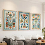 affiches murales florales modernes couleur bleue verte texture mat cadre bois chambre salon