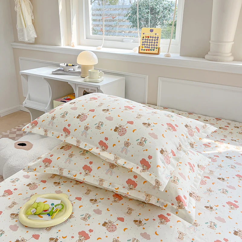 taies d'oreiller fleurées ensemble literie classique oreiller drap plat ours rose doux