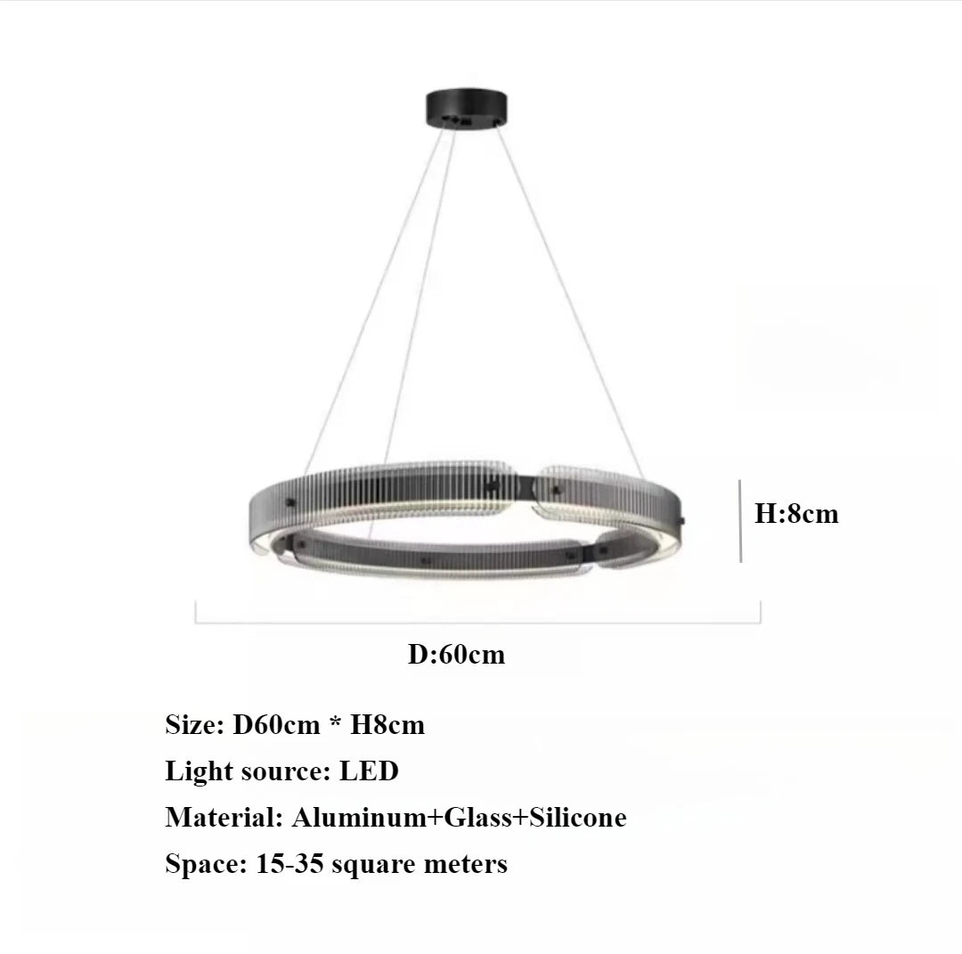 suspension circulaire moderne noir rayures horizontales opacité chaînes suspendues salon cuisine chambre principal
