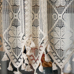 rideau vintage semi transparent brodé motifs géométriques tassellets blancs cuisine fenêtre polyester beigeclair