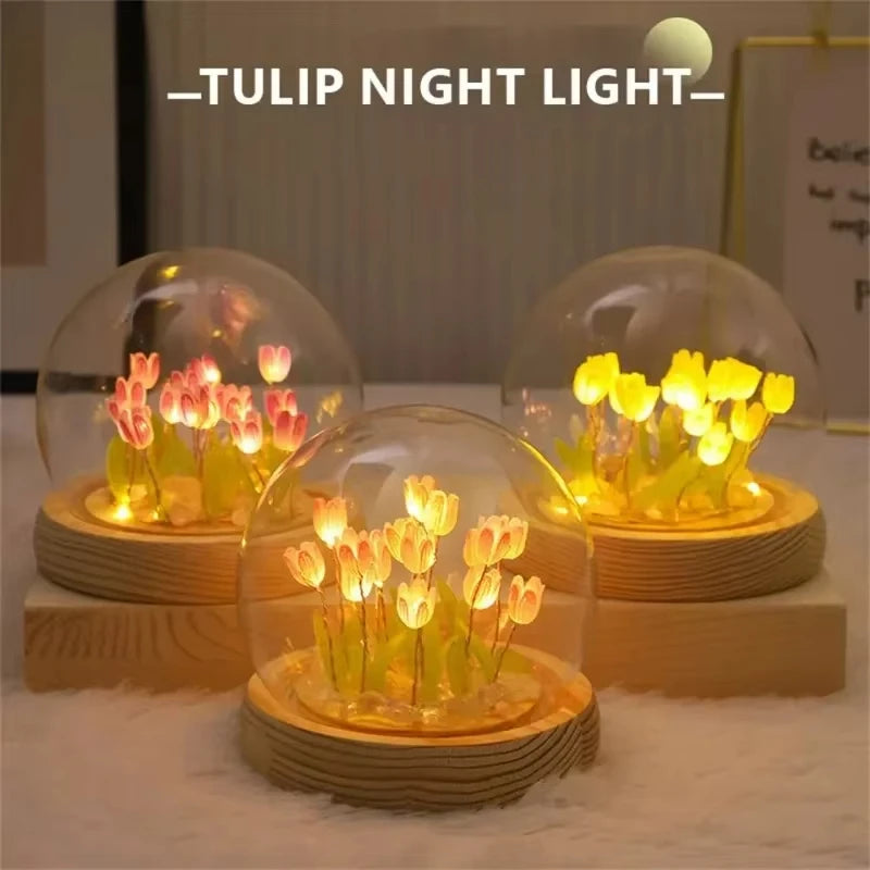 tulipe fleur lampe deco diy verre bois leds couleurs transparentes nuit chambre