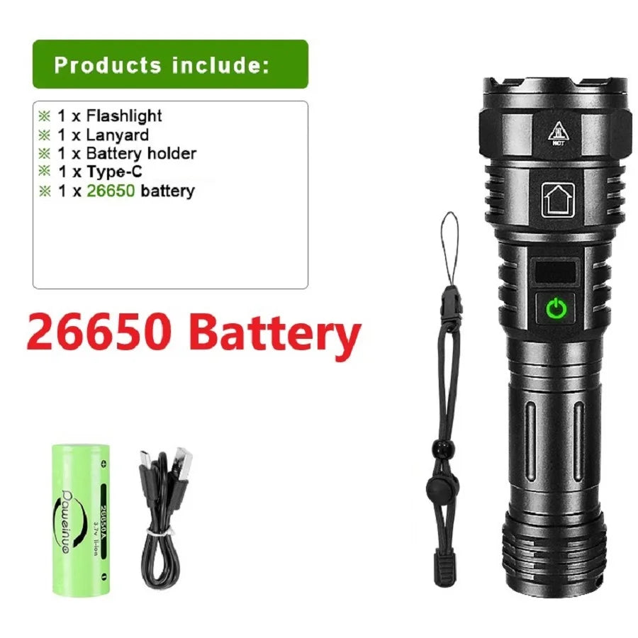 lampe torche noire led 98w modes rechargeable usb type robuste camping