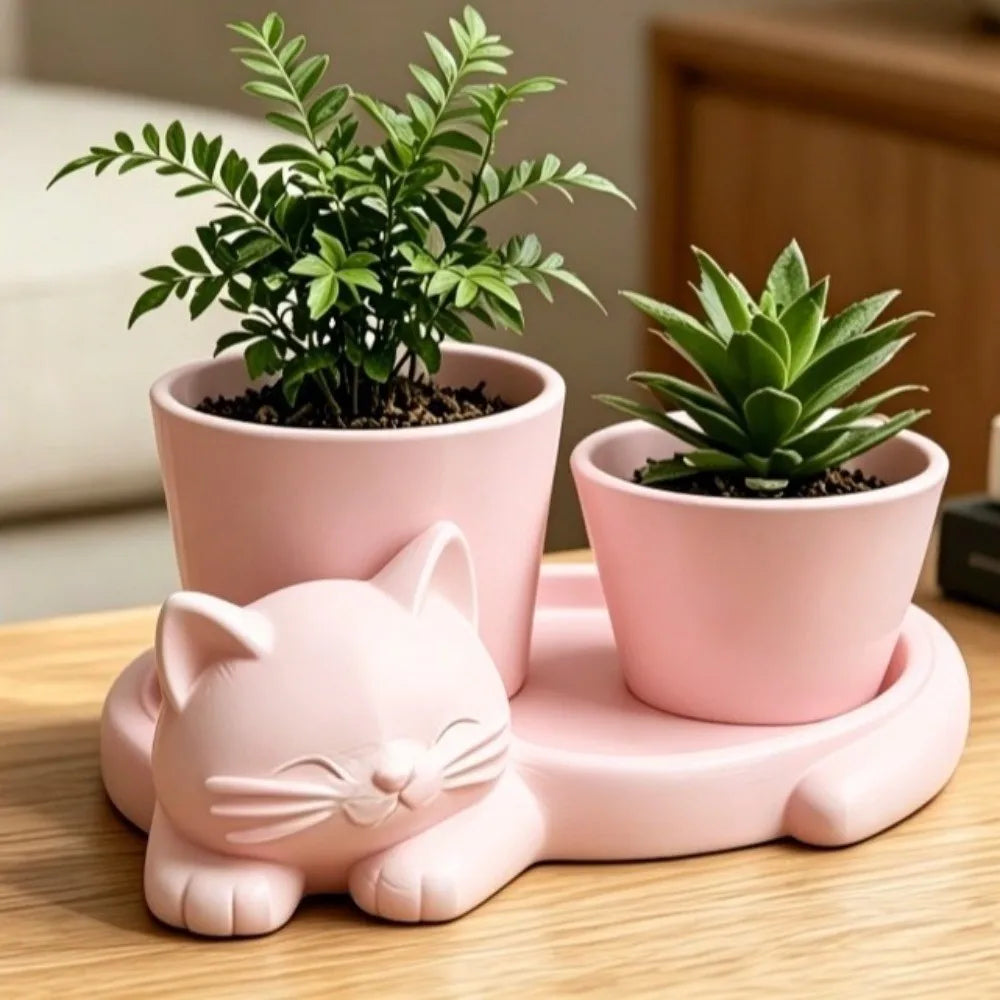 pots fleurs forme chat blanc rose contemporain mignon chat dormant alliage plantes succulentes intérieur