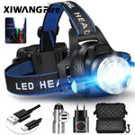 lampe frontale led rechargeable 15w modes nuit pêche course tissu bleu noir adjustable