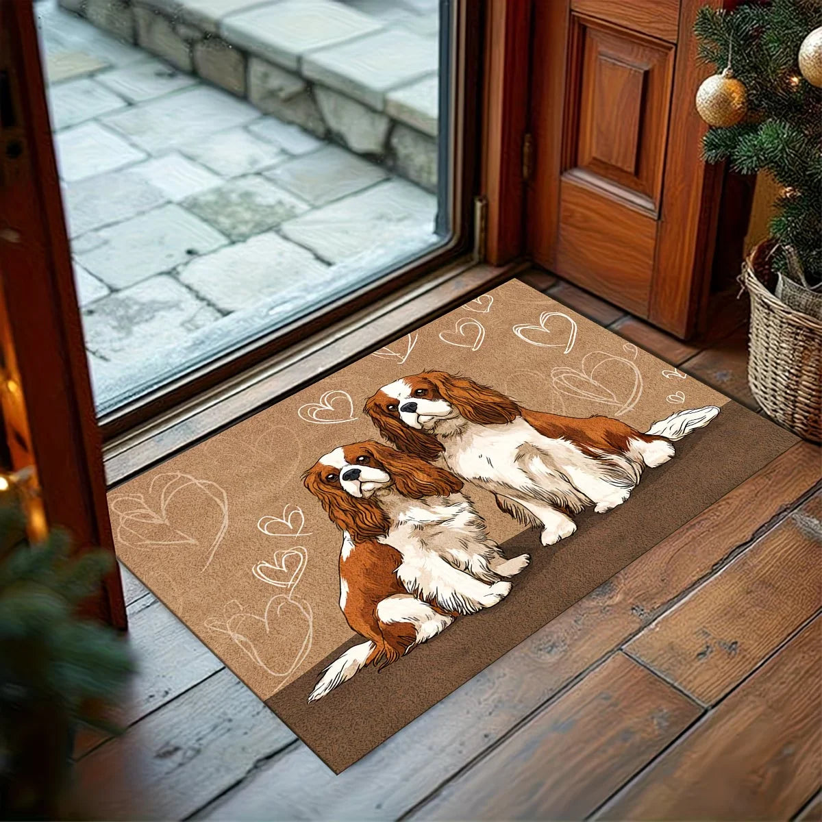 tapis antidérapant chiens cavalier king charles spaniel motifs cœurs feuilles moderne salon entrée