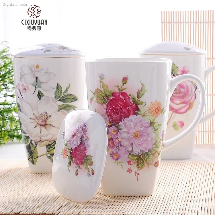 tasses thé céramique fleurs classiques poignées couvercle blanc rose vert