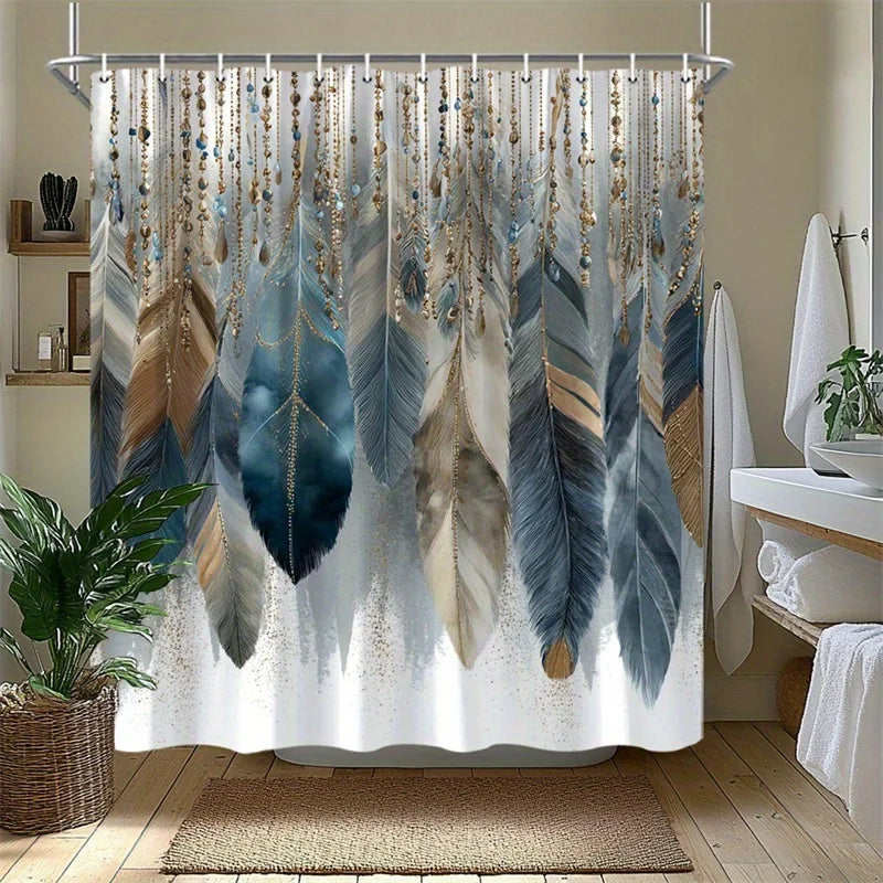 rideau douche boho chic plumes bleu beige opacité tissu polyester robuste lavable machinecoration salle