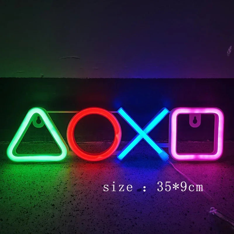 décoration lumineuse led symboles playstation manette jeu couleurs variées gaming moderne