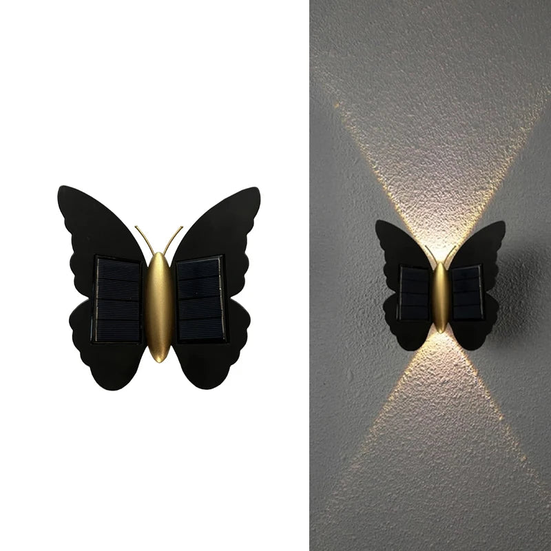 lampe murale solaire led papillon moderne noir doré extérieure adhésive ip44 rechargeable 2lumieres