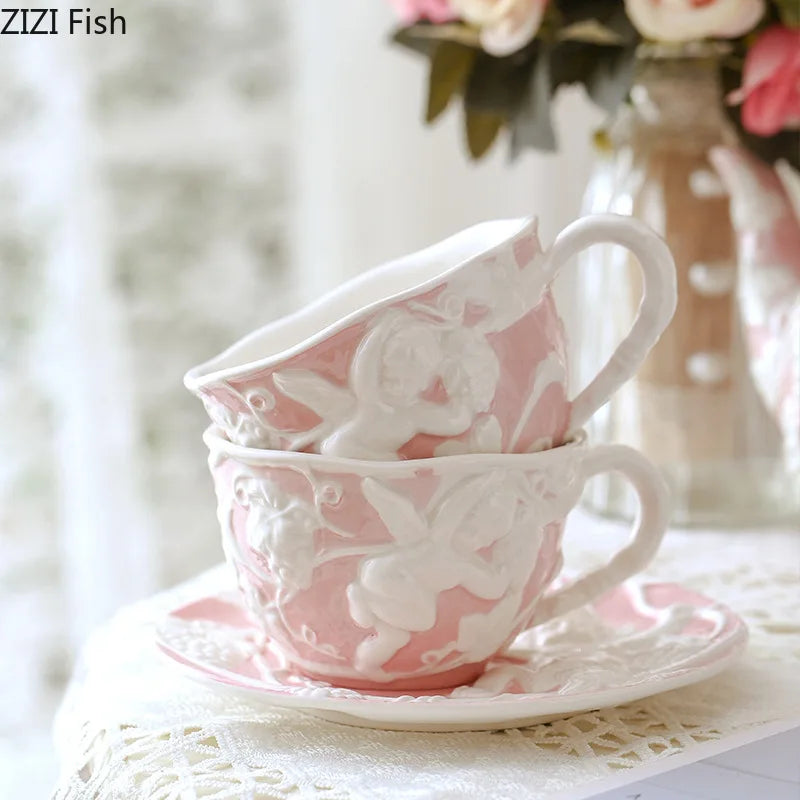 tasse céramique porcelaine ange feuilles rose blanc classique théière soucoupe couvercle