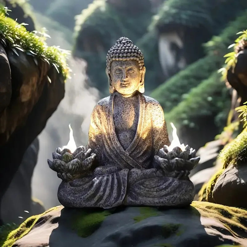 statue bouddha résine zen jardin extérieur flammes méditation lotus spiritualité