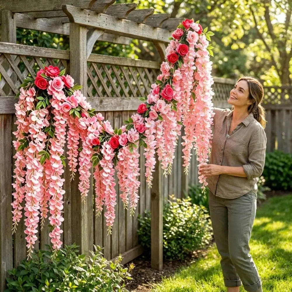 guirlande florale artificielle rose blanc vert décoration extérieure fleurs feuilles décorative romantique fixations incluses