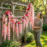 guirlande florale artificielle rose blanc vert décoration extérieure fleurs feuilles décorative romantique fixations incluses