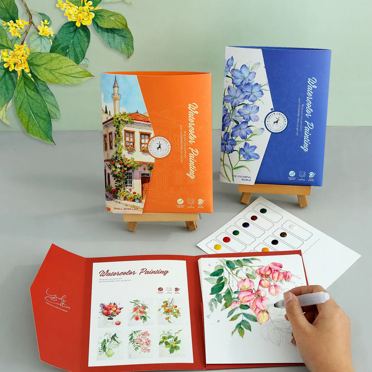 kit peinture aquarelle violet orange bleu rouge blanc fleurs paysages motifs floraux artiste débutants