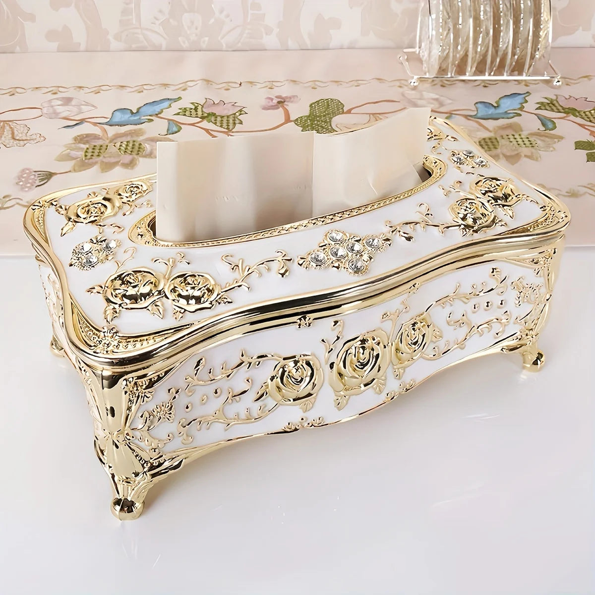 boîte mouchoirs ornemental blanc doré classique baroque tissu amovible moderne maison