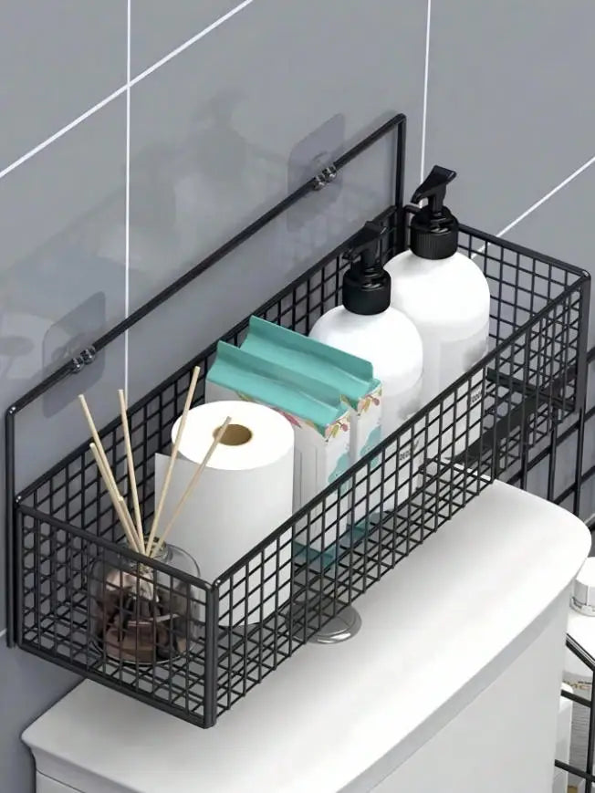 panier mural adhésif métal noir modernes rangement salle bain hygiène élégant minimaliste produits