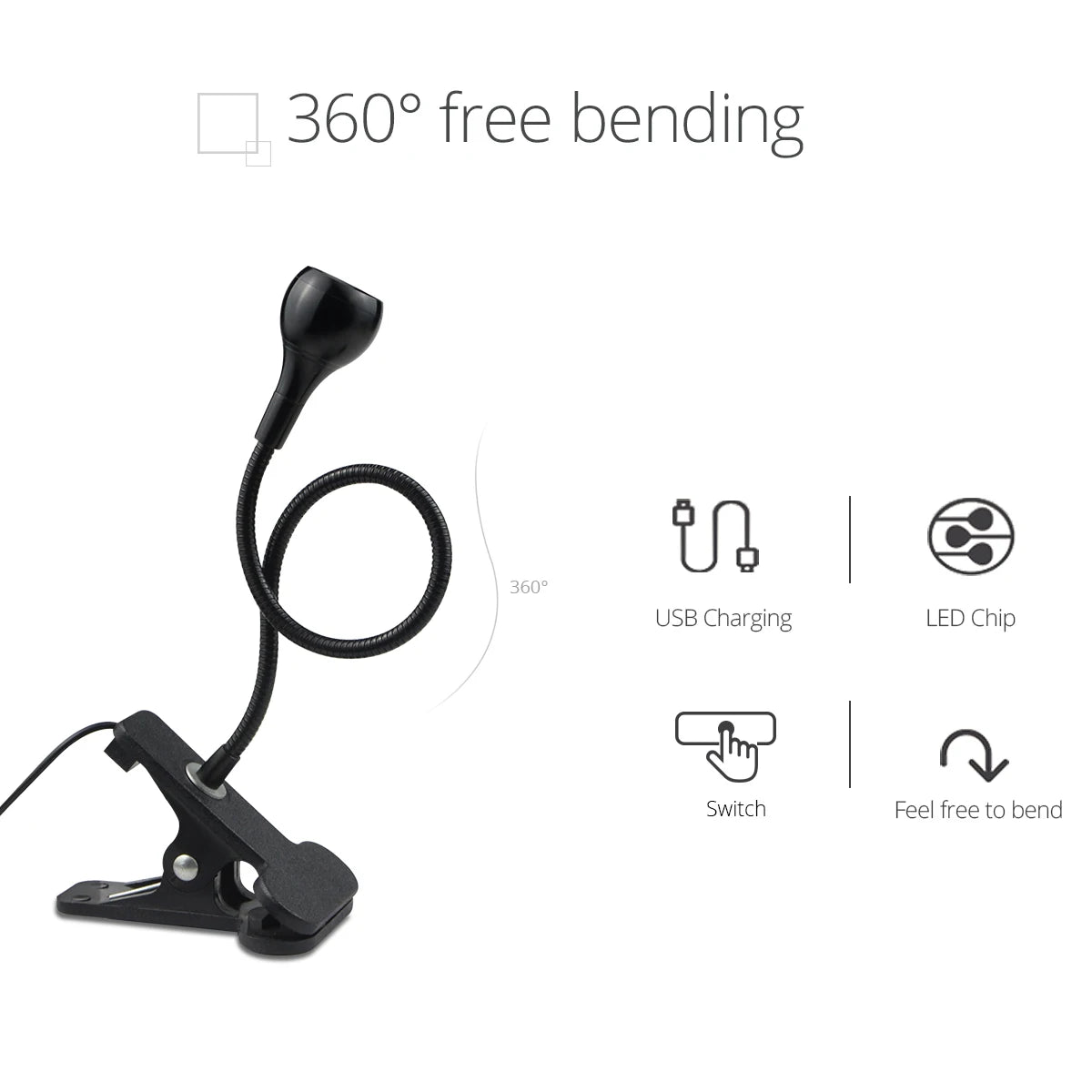 lampe led clipable table lecture usb flexible moderne minimaliste noir cordon