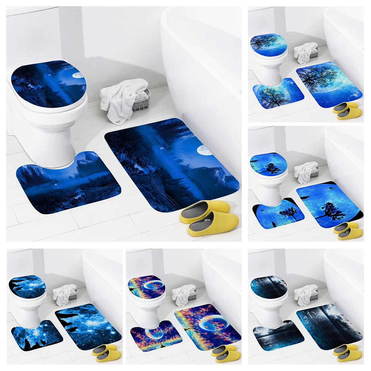tapis toilette moderne ensemble bleu noir galaxie adhésif salle bain couvercle tapis sol