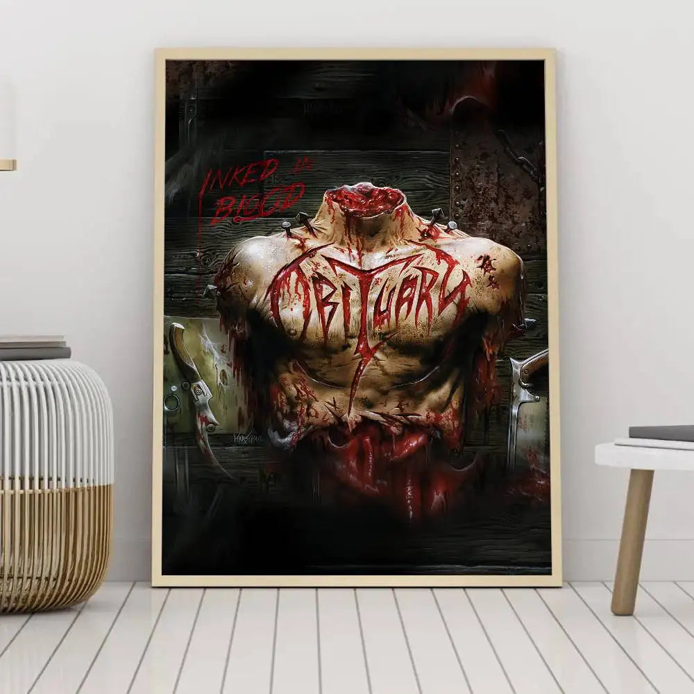 affiche gothique crâne oeil rouge cadre bois décoration murale sombre métal noir