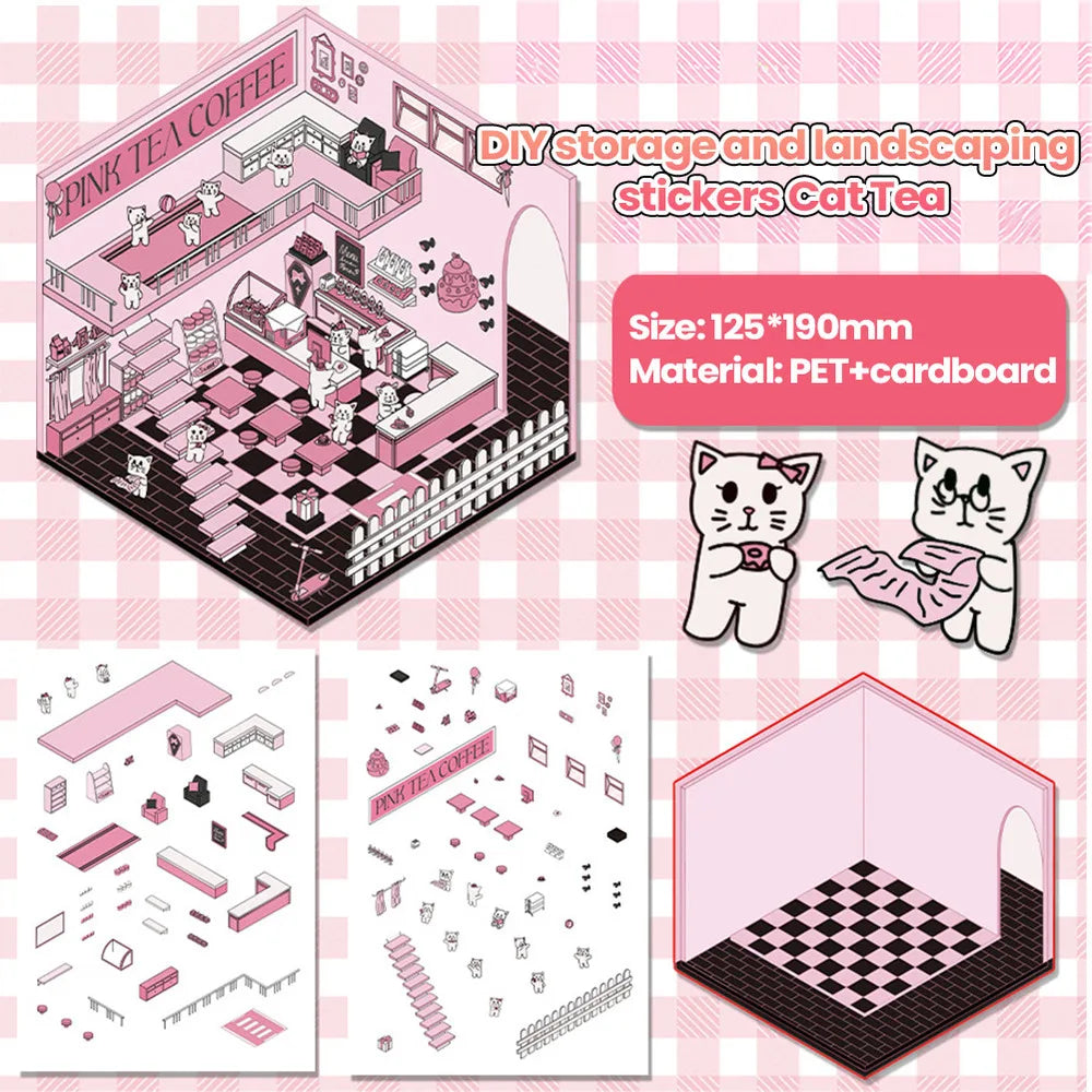 stickers 3d maison poupées animées rose blanc vert décoration enfant crafting mignon detalles adhesifs