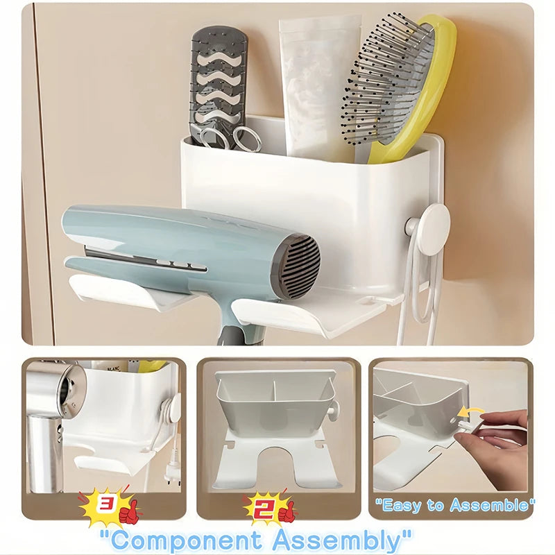 rangement sèche cheveux adhésif gris blanc moderne rotatif accessoire salle bain