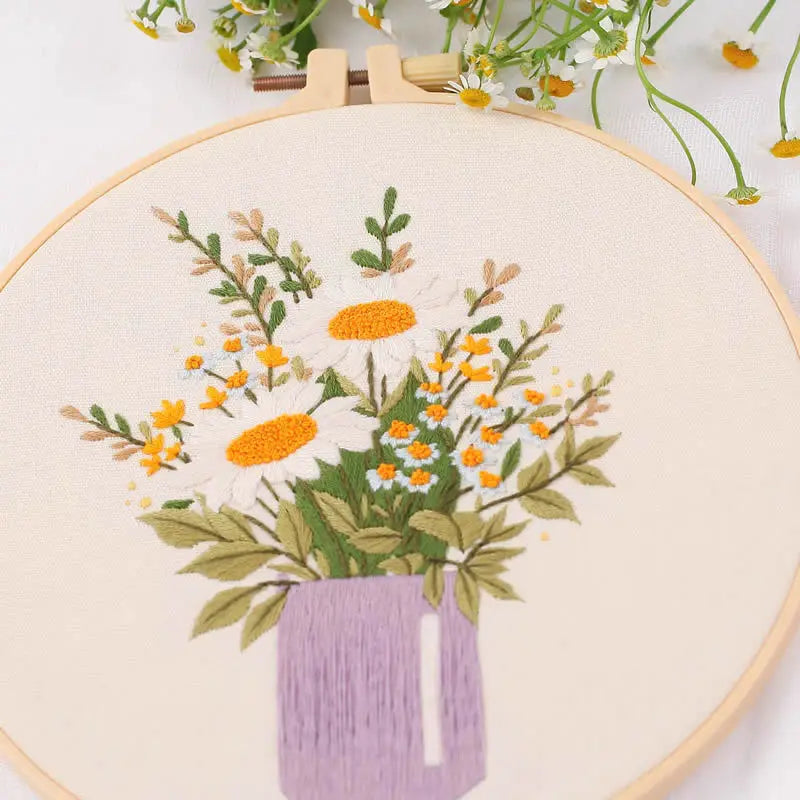 broderie fleur artisanale kit diy tissu coton couleurs vives instructions françaises anneaux bois