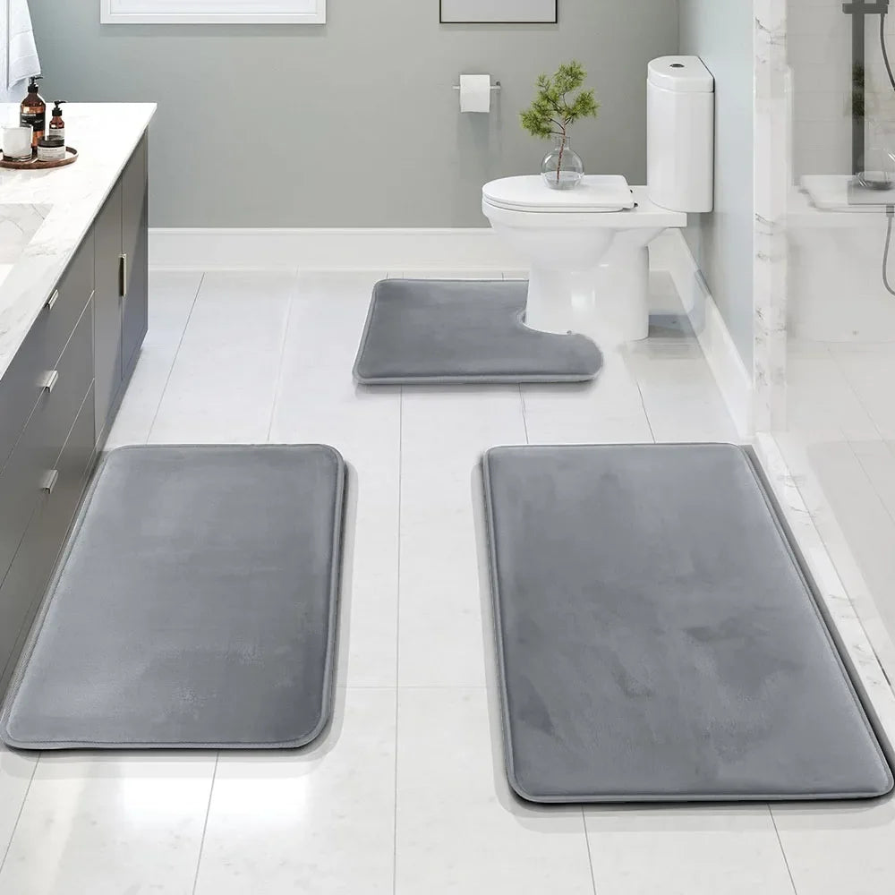tapis bain gris uni doux moderne adhésif ensemble trois pièces chambre salle bain