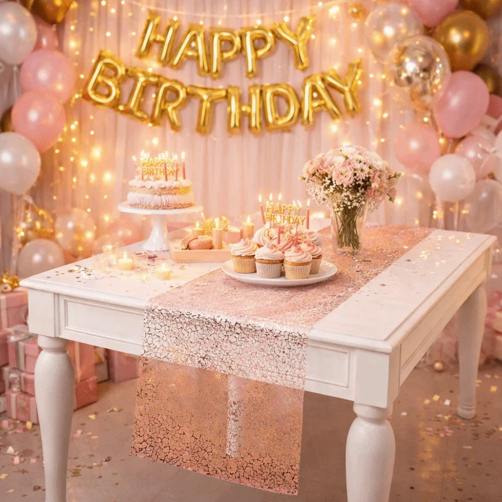 nappe brillante or rose motifs organiques semi transparent festive assiettes blanches couverts gâteau d'anniversaire