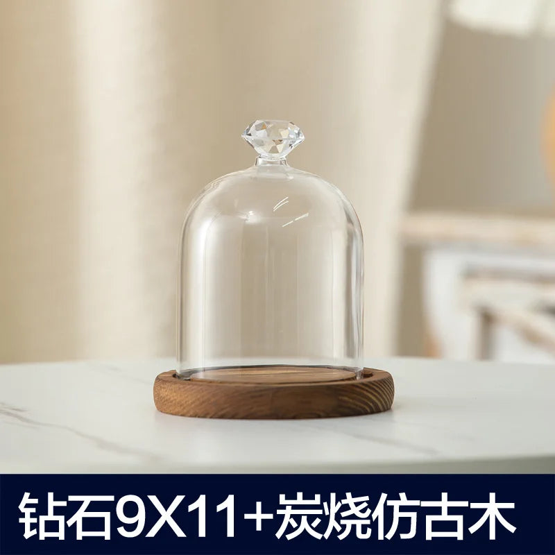 cloche verre transparent base bois bougie parfumée pinçon décoratives