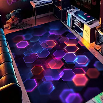 tapis salon moderne noir motif hexagones lumineux décoration chambre gaming intérieur géométrique